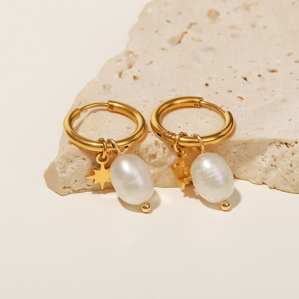 Gold Pearl Star Hoop Earrings